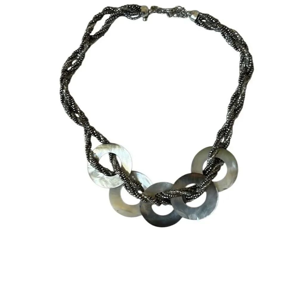 Abalone Shell Disk Braided Silver and Clear Beaded  Adjustable Length Necklace Y